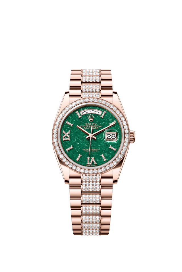 Rolex Day-Date 36, Oyster, 36 mm, Everose gold and diamonds, green aventurine set with diamonds dial