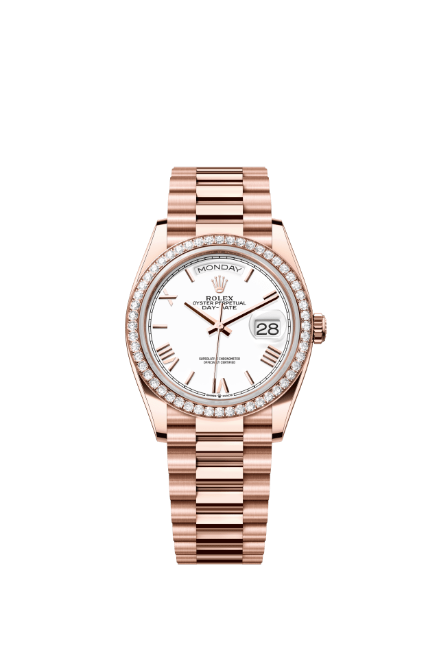 Rolex Day-Date 36, Oyster, 36 mm, Everose gold and diamonds, white dial