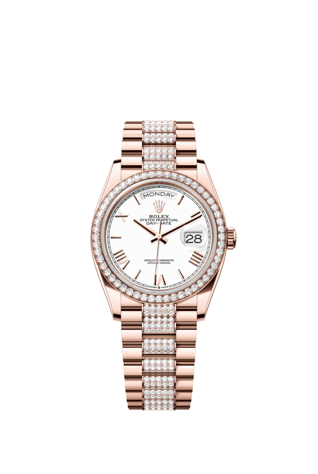 Rolex Day-Date 36, Oyster, 36 mm, Everose gold and diamonds, white dial