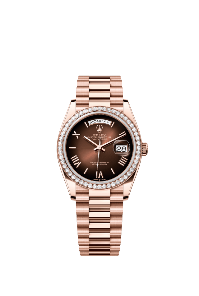Rolex Day-Date 36, Oyster, 36 mm, Everose gold and diamonds, brown ombré dial