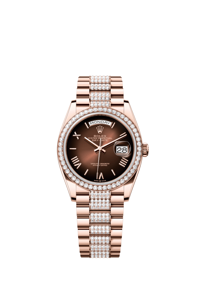 Rolex Day-Date 36, Oyster, 36 mm, Everose gold and diamonds, brown ombré dial