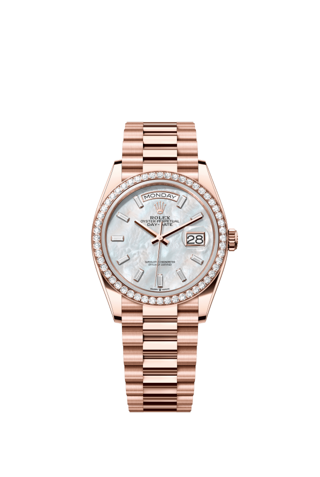 Rolex Day-Date 36, Oyster, 36 mm, Everose gold and diamonds, white mother-of-pearl set with diamonds dial