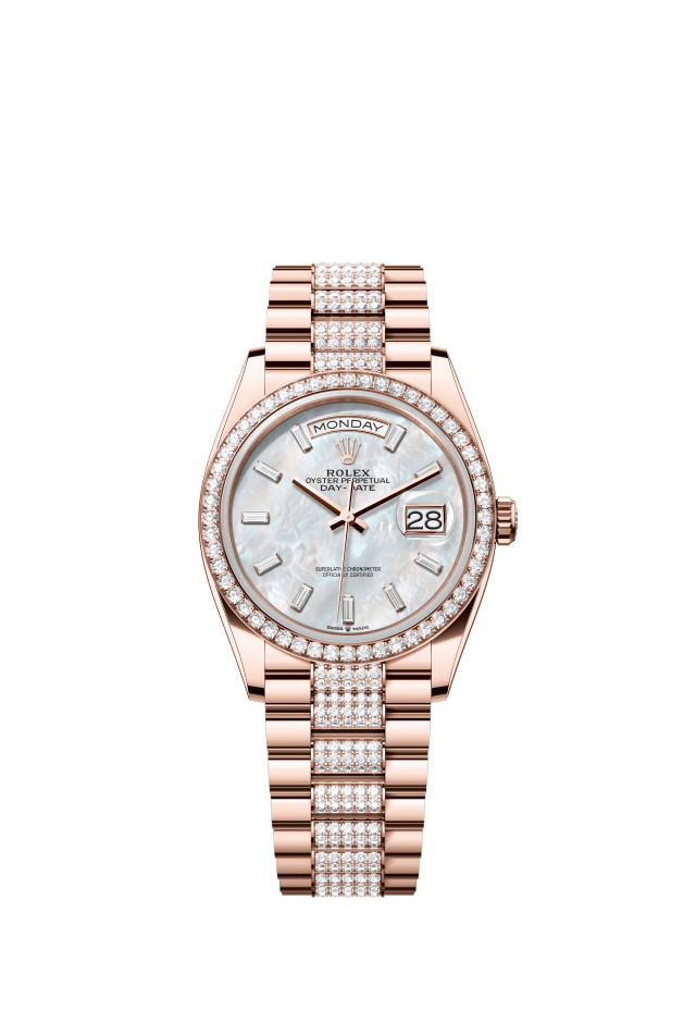 Rolex Day-Date 36, Oyster, 36 mm, Everose gold and diamonds, white mother-of-pearl set with diamonds dial