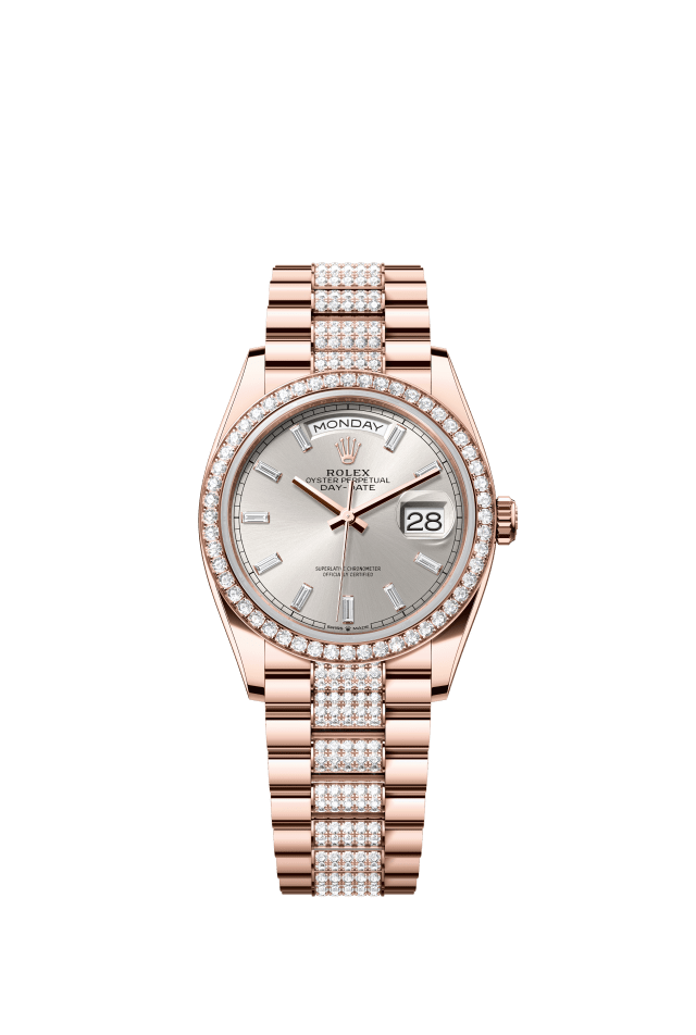 Rolex Day-Date 36, Oyster, 36 mm, Everose gold and diamonds, silver set with diamonds dial