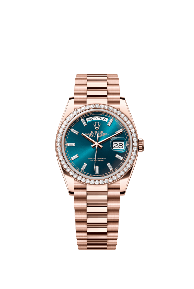 Rolex Day-Date 36, Oyster, 36 mm, Everose gold and diamonds, blue-green set with diamonds dial