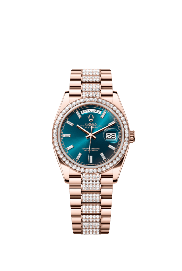 Rolex Day-Date 36, Oyster, 36 mm, Everose gold and diamonds, blue-green set with diamonds dial