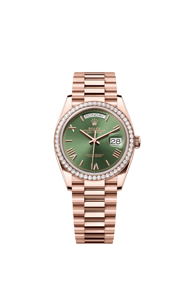 Rolex Day-Date 36, Oyster, 36 mm, Everose gold and diamonds, olive green dial
