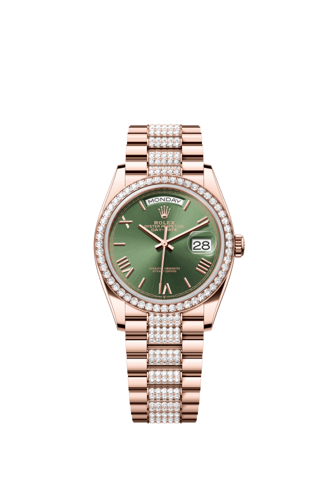 Rolex Day-Date 36, Oyster, 36 mm, Everose gold and diamonds, olive green dial