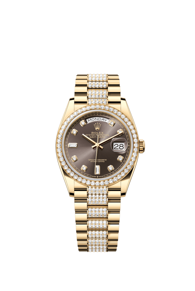 Rolex Day-Date 36, Oyster, 36 mm, yellow gold and diamonds, dark grey set with diamonds dial