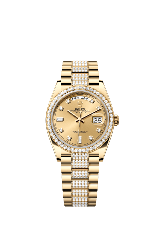 Rolex Day-Date 36, Oyster, 36 mm, yellow gold and diamonds, champagne-colour set with diamonds dial