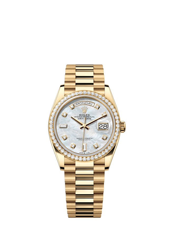 Rolex Day-Date 36, Oyster, 36 mm, yellow gold and diamonds, white mother-of-pearl set with diamonds dial