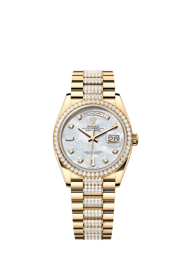 Rolex Day-Date 36, Oyster, 36 mm, yellow gold and diamonds, white mother-of-pearl set with diamonds dial