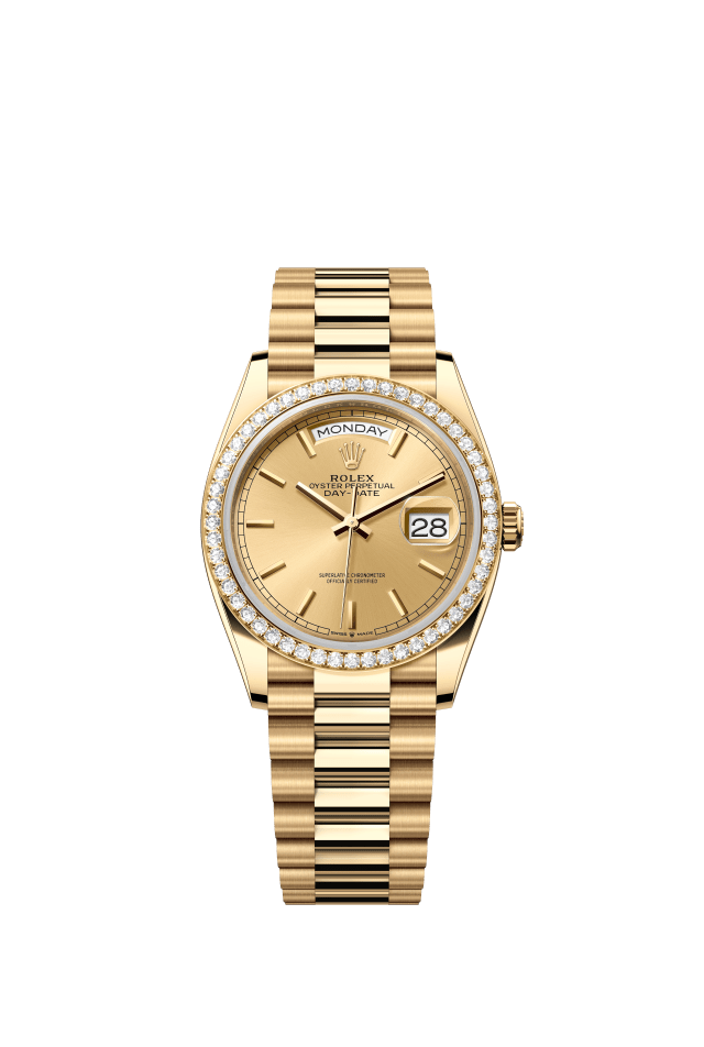 Rolex Day-Date 36, Oyster, 36 mm, yellow gold and diamonds, champagne-colour dial