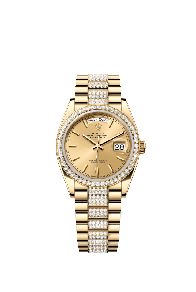 Rolex Day-Date 36, Oyster, 36 mm, yellow gold and diamonds, champagne-colour dial