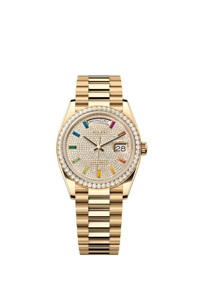 Rolex Day-Date 36, Oyster, 36 mm, yellow gold and diamonds, diamond-paved dial