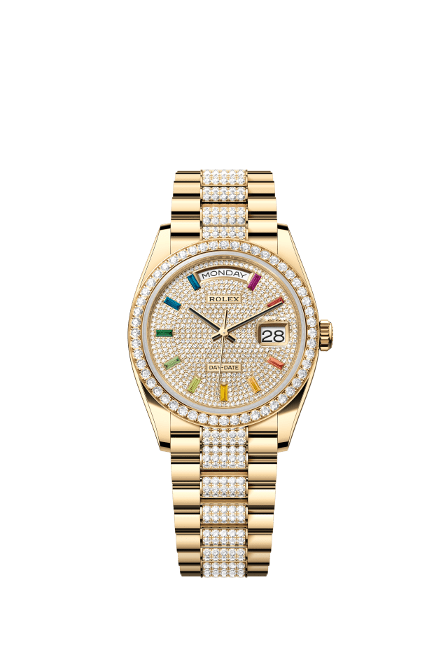 Rolex Day-Date 36, Oyster, 36 mm, yellow gold and diamonds, diamond-paved dial