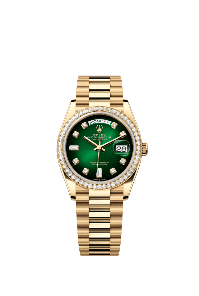 Rolex Day-Date 36, Oyster, 36 mm, yellow gold and diamonds, green ombré set with diamonds dial