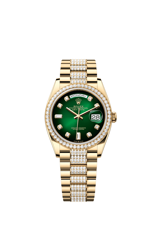 Rolex Day-Date 36, Oyster, 36 mm, yellow gold and diamonds, green ombré set with diamonds dial