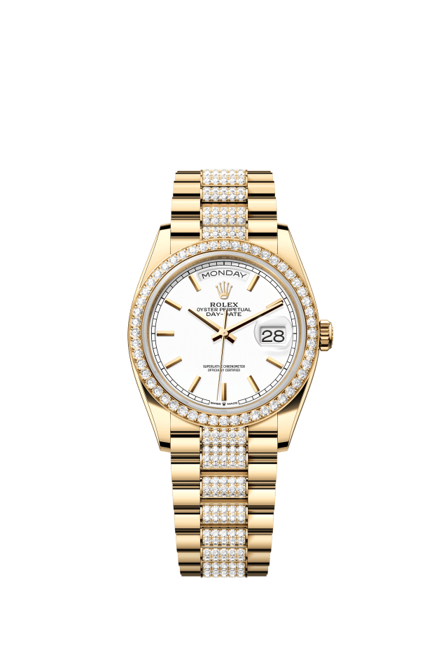 Rolex Day-Date 36, Oyster, 36 mm, yellow gold and diamonds, white dial