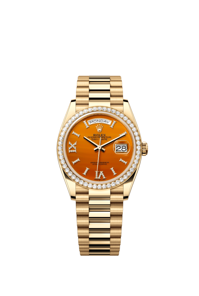 Rolex Day-Date 36, Oyster, 36 mm, yellow gold and diamonds, carnelian set with diamonds dial