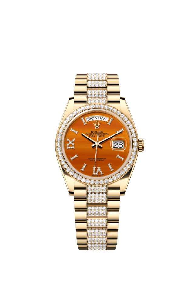 Rolex Day-Date 36, Oyster, 36 mm, yellow gold and diamonds, carnelian set with diamonds dial