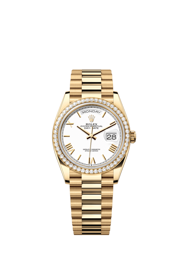 Rolex Day-Date 36, Oyster, 36 mm, yellow gold and diamonds, white dial