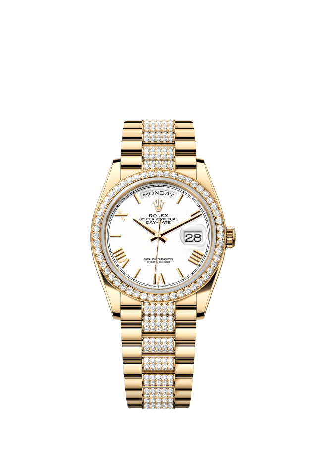 Rolex Day-Date 36, Oyster, 36 mm, yellow gold and diamonds, white dial