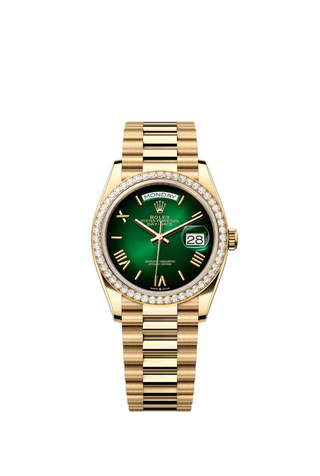 Rolex Day-Date 36, Oyster, 36 mm, yellow gold and diamonds, green ombré dial