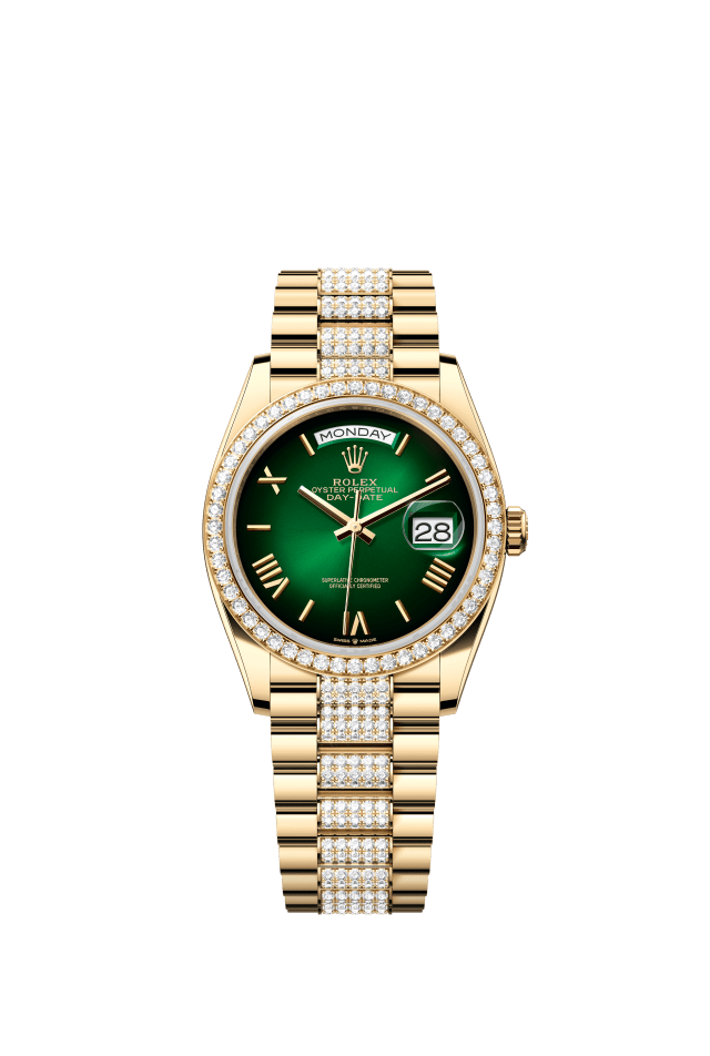 Rolex Day-Date 36, Oyster, 36 mm, yellow gold and diamonds, green ombré dial