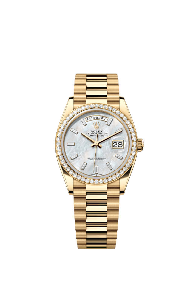 Rolex Day-Date 36, Oyster, 36 mm, yellow gold and diamonds, white mother-of-pearl set with diamonds dial