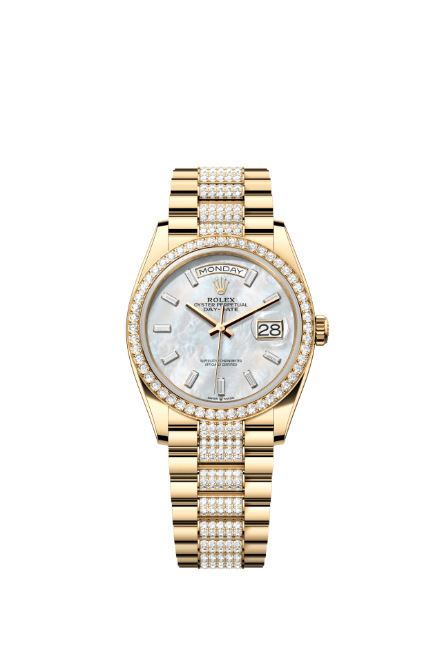 Rolex Day-Date 36, Oyster, 36 mm, yellow gold and diamonds, white mother-of-pearl set with diamonds dial