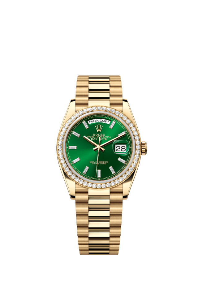 Rolex Day-Date 36, Oyster, 36 mm, yellow gold and diamonds, bright green set with diamonds dial