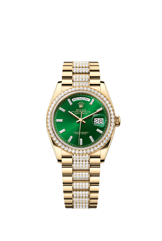 Rolex Day-Date 36, Oyster, 36 mm, yellow gold and diamonds, bright green set with diamonds dial