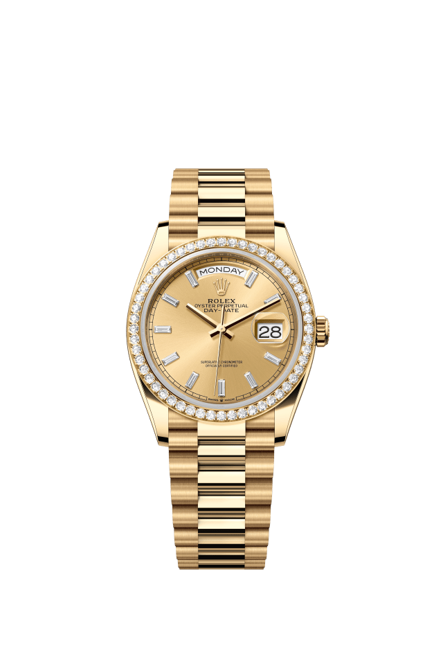 Rolex Day-Date 36, Oyster, 36 mm, yellow gold and diamonds, champagne-colour set with diamonds dial