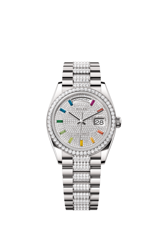 Rolex Day-Date 36, Oyster, 36 mm, white gold and diamonds, diamond-paved dial