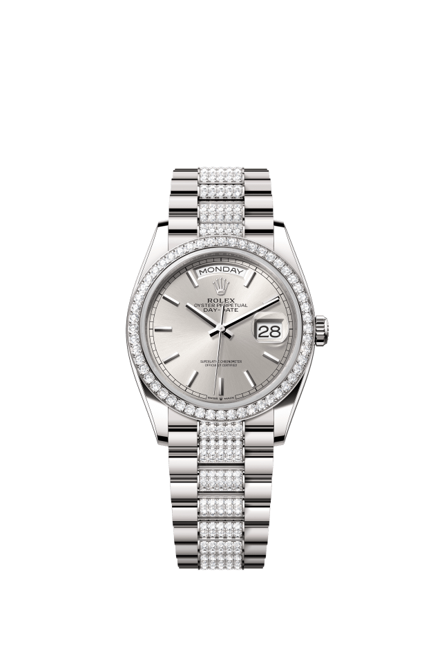 Rolex Day-Date 36, Oyster, 36 mm, white gold and diamonds, silver dial