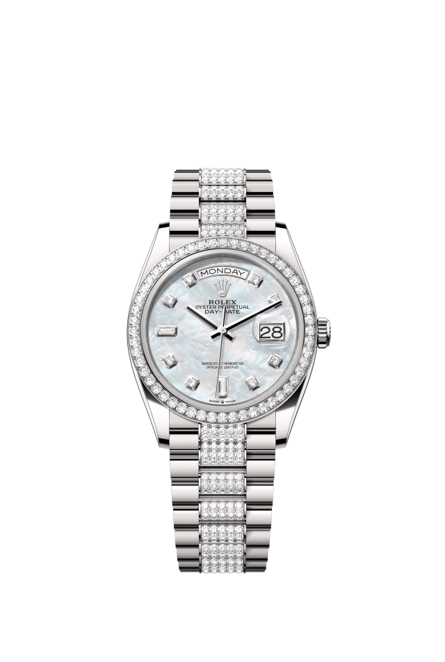 Rolex Day-Date 36, Oyster, 36 mm, white gold and diamonds, white mother-of-pearl set with diamonds dial