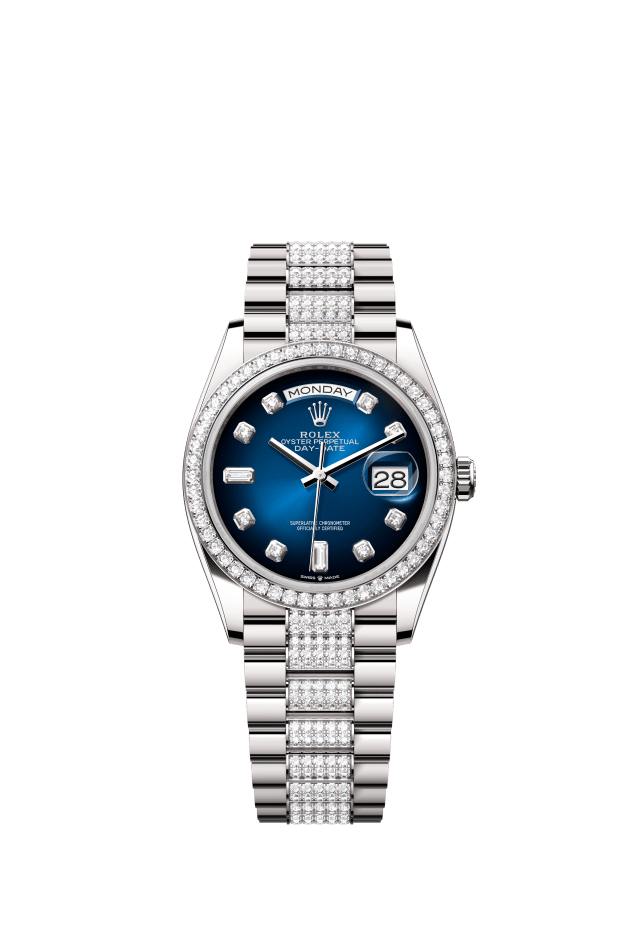 Rolex Day-Date 36, Oyster, 36 mm, white gold and diamonds, blue ombré set with diamonds dial