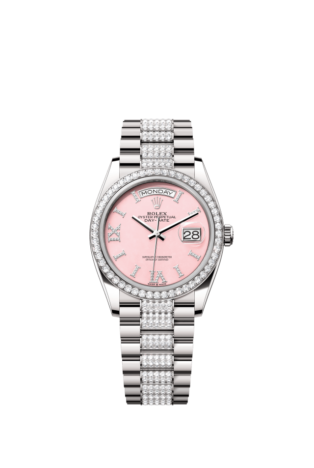 Rolex Day-Date 36, Oyster, 36 mm, white gold and diamonds, pink opal set with diamonds dial