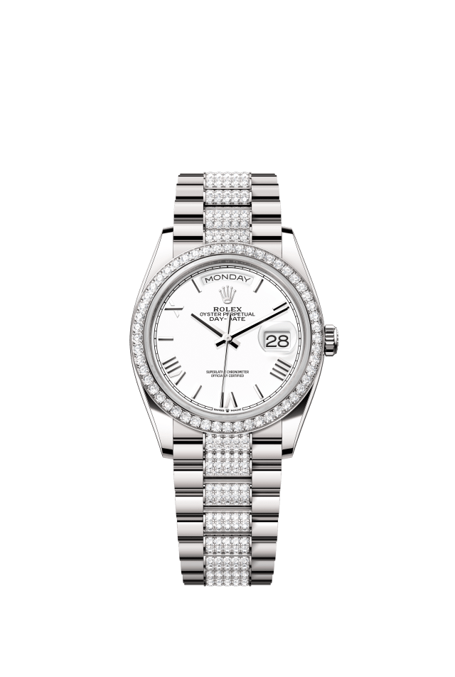 Rolex Day-Date 36, Oyster, 36 mm, white gold and diamonds, white dial
