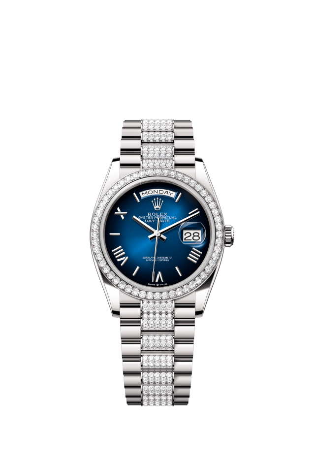 Rolex Day-Date 36, Oyster, 36 mm, white gold and diamonds, blue ombré dial