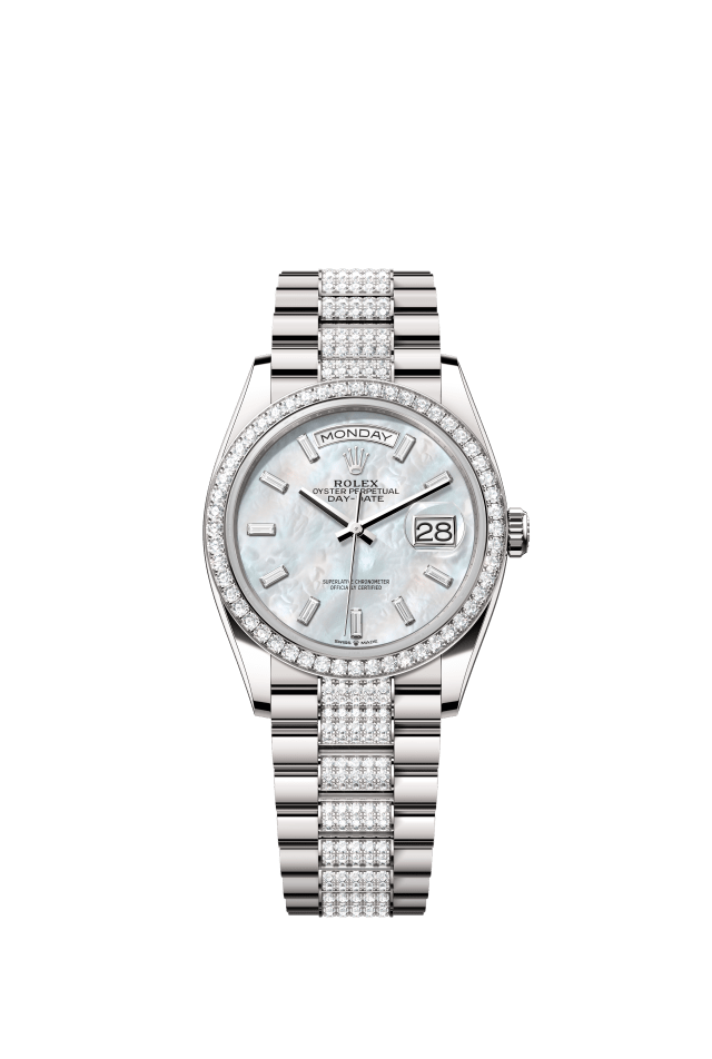 Rolex Day-Date 36, Oyster, 36 mm, white gold and diamonds, white mother-of-pearl set with diamonds dial
