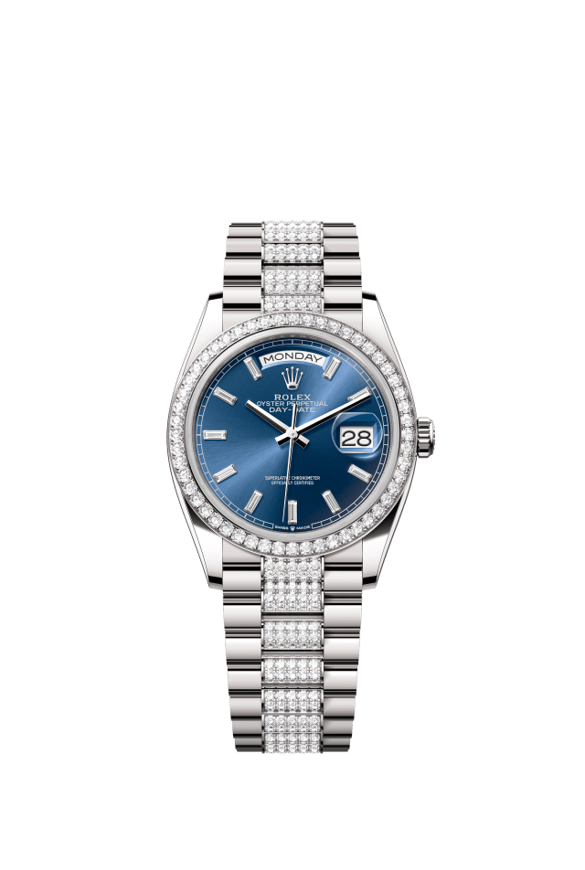 Rolex Day-Date 36, Oyster, 36 mm, white gold and diamonds, bright blue set with diamonds dial