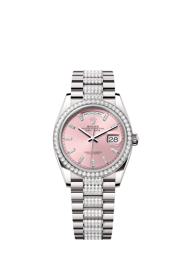 Rolex Day-Date 36, Oyster, 36 mm, white gold and diamonds, pink set with diamonds dial