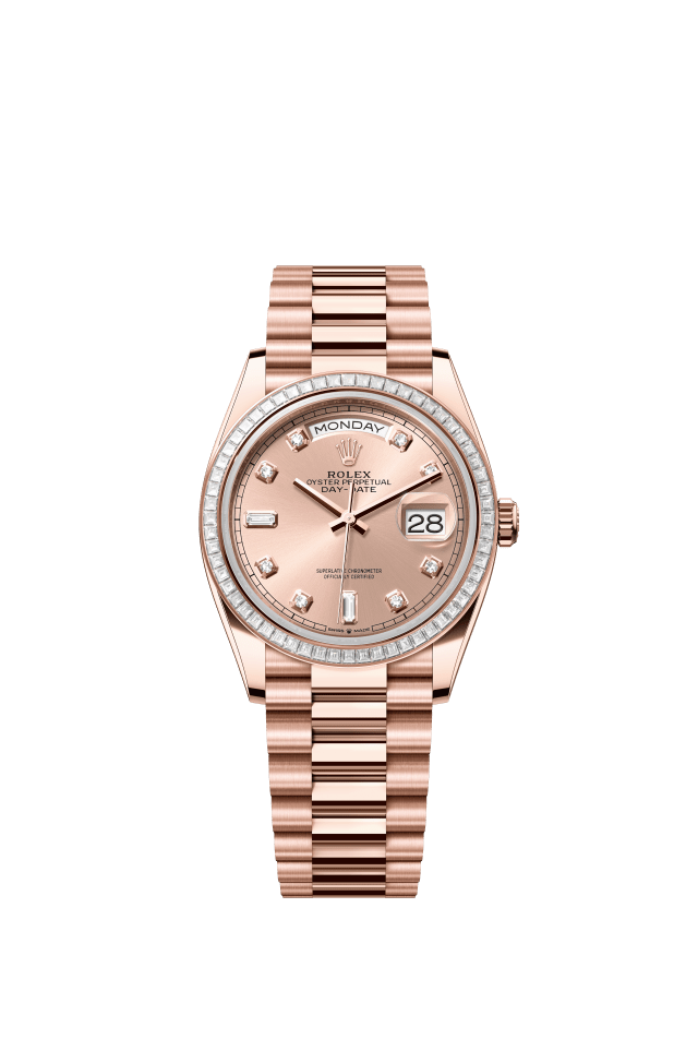 Rolex Day-Date 36, Oyster, 36 mm, Everose gold and diamonds, rosé-colour set with diamonds dial