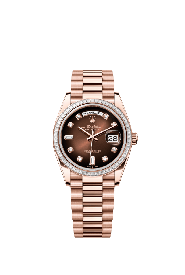 Rolex Day-Date 36, Oyster, 36 mm, Everose gold and diamonds, brown ombré set with diamonds dial