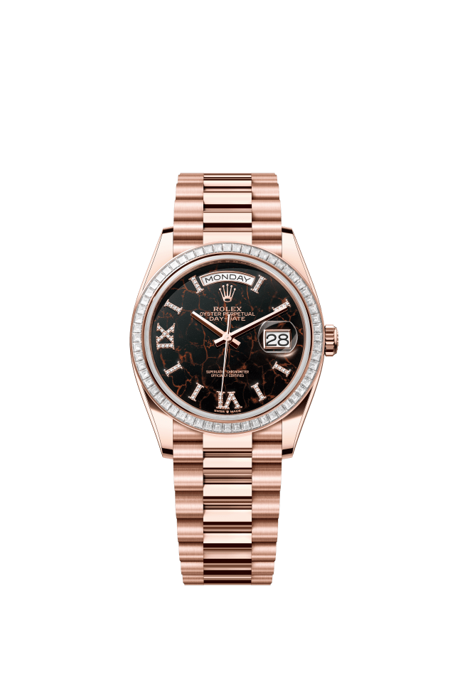 Rolex Day-Date 36, Oyster, 36 mm, Everose gold and diamonds, eisenkiesel set with diamonds dial