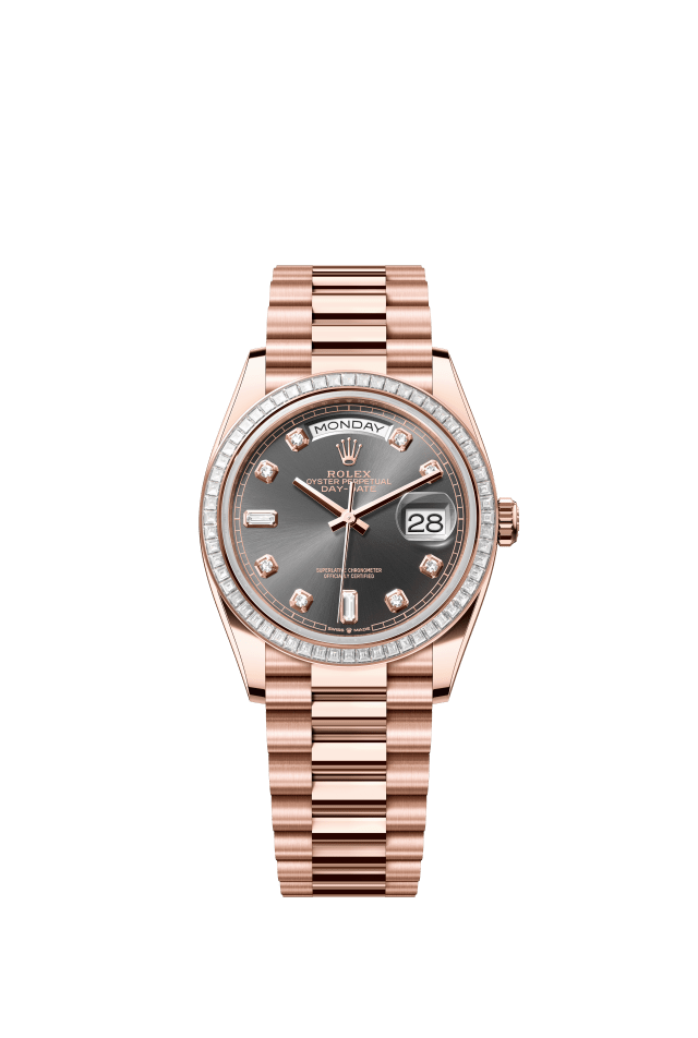 Rolex Day-Date 36, Oyster, 36 mm, Everose gold and diamonds, slate set with diamonds dial