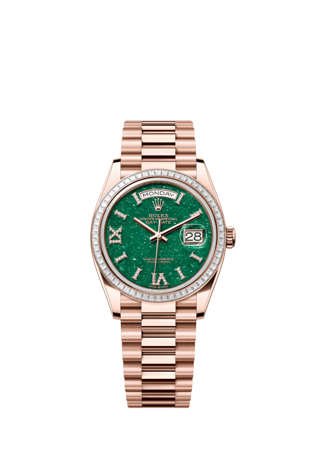 Rolex Day-Date 36, Oyster, 36 mm, Everose gold and diamonds, green aventurine set with diamonds dial