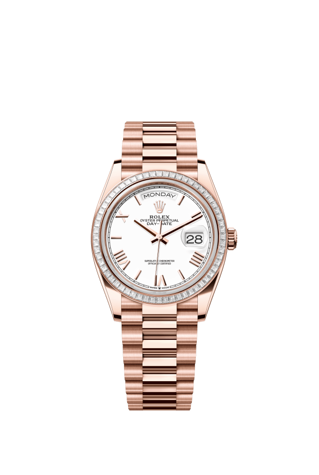 Rolex Day-Date 36, Oyster, 36 mm, Everose gold and diamonds, white dial